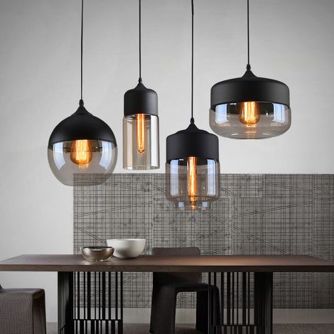 Axhup – Lot de 4 lustres suspension en verre noir et transparent E27 – Dimensions Ø25x22,5cm, Ø20x22,5cm, Ø13x33,5cm, Ø18x31cm – Longueur câble 100cm (1/5)
