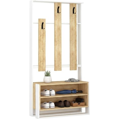 Mueble de Entrada Toraji, 6 Pares, 3 Estantes, Perchero, 90x36x180h cm Blanco