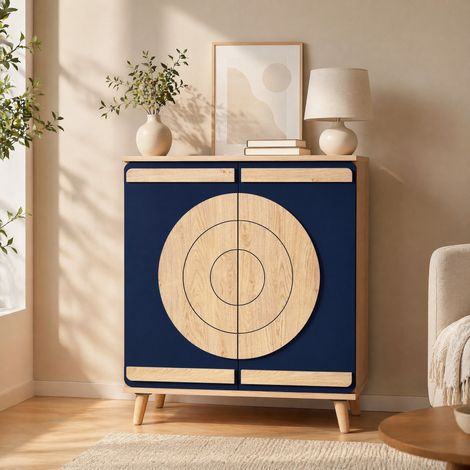 Mueble zapatero moderno 76 x 37 x 98,5 cm, azul y natural, puertas geométricas DESVIAE (1/5)