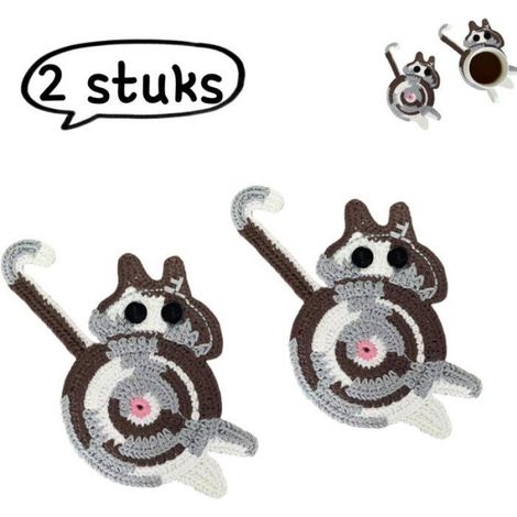 Sous-Verre Tricoté - Motif Chat Et Vache - Décoration Intérieure Maison Bureau - Lot De 2 (1/5)