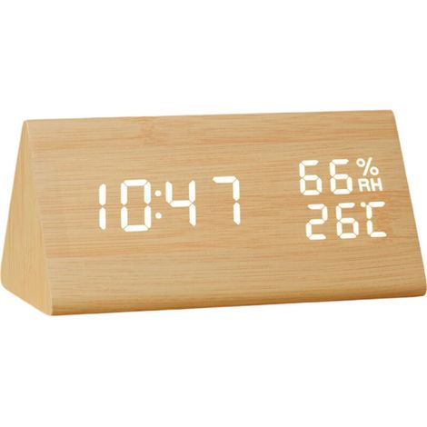 Réveil Numérique en Bois - Affichage Électronique LED de l'Heure - 3 Réglages d'Alarme, Détection d'Humidité et Température - Horloge Électrique pour Chambre ou Chevet