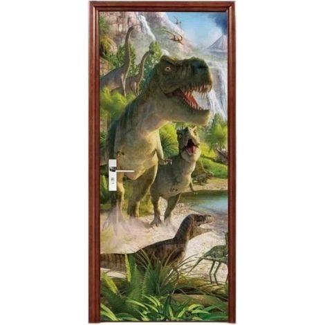 Stickers muraux dinosaures 3D pour porte, adhésifs et imperméables en PVC, 77 x 200 cm (1/4)