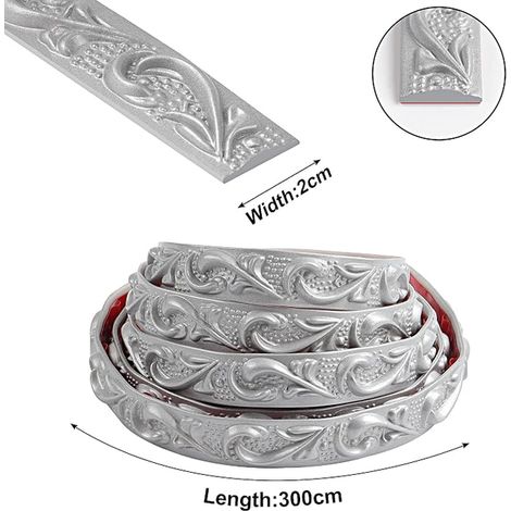 PVC Decorative Strip, 3D Wallpaper Border, Adhesive Wall, Suitable for Lintels, Skirting Boards, Cabinets, Wall Coverings (Silver)