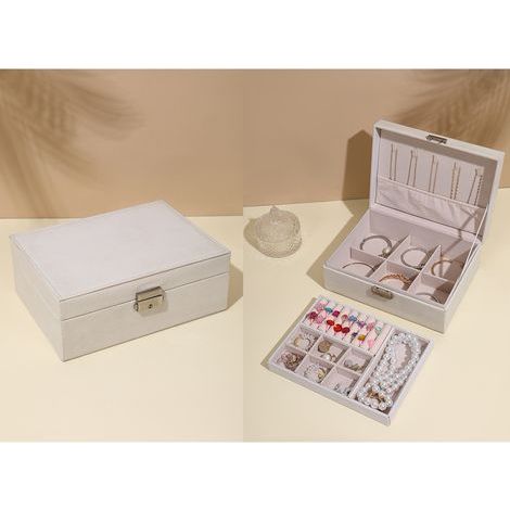 Schmuckaufbewahrungsbox, Leder-Displaybox für Ohrringe und Ringe, weiß
