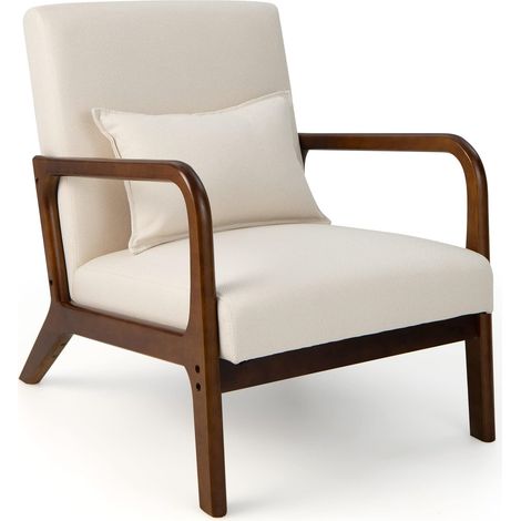COSTWAY Silla Moderna de Madera, Butaca de Salon con Almohada Lumbar, Almohadillas de Fieltro Antideslizantes, Sillón de Lectura Tapizado en Tela, 79 x 65 x 77 cm (Beige) (1/5)
