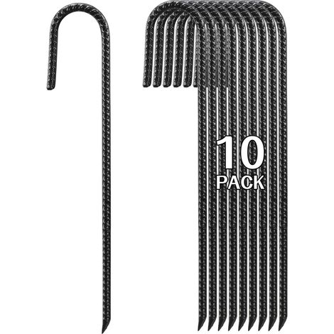 Piquets en Acier 40cm Haute Résistance - Lot de 10 Ancres Sol J-Forme pour Tente, Clôture Jardin, Plantes et Tubes en Tissu, Noir (1/5)