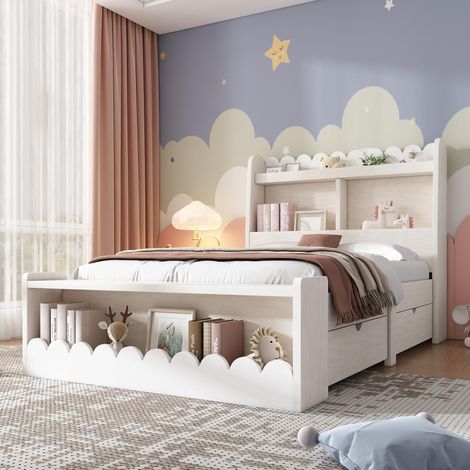 Lit enfant 90x190 cm avec 2 tiroirs, étagères et banc avec rangement, sommier à lattes inclus, bois blanc et chêne, sans matelas (1/5)