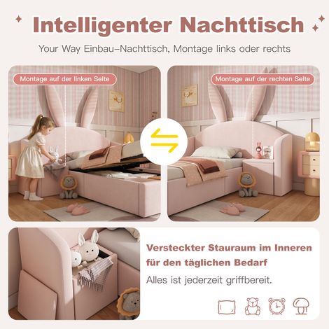 Lit junior 90x190 cm rose capitonné, coffre intégré et table de nuit, tête en forme d'oreilles de lapin, velours doux, lit pour fille sans matelas (1/5)