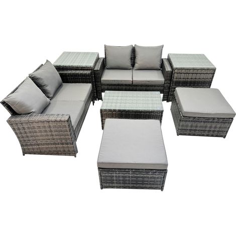 Fimous 6 Seater Wicker PE Rattan Furniture Outdoor Coffee Table Double Seat Sofa 2 Big Stool 2 Side Tables Set Dark Grey Mixed (1/5)