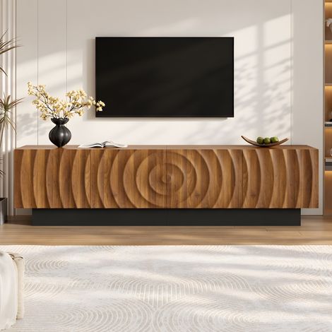 Mobile tv - 180 x 40 x 50 cm - 4 ante con rilievo ad arco 3d, ripiani fissi, passacavi, stile mid-century, mdf, noce (1/5)