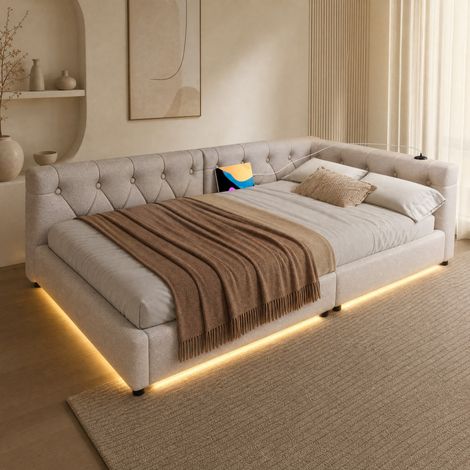 DESMIU Lit banquette 90 × 200 cm 1 place avec USB, Type-C, LED 7 couleurs, sans matelas, en lin, beige (1/5)