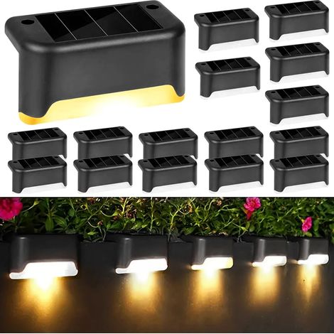 (16 pièces - Noir) Lot de 4 lampes solaires LED étanches pour escalier, passage, cour, garde-corps, marches, veilleuse, compatibles avec bordures de jardin et terrasses extérieures. (1/5)