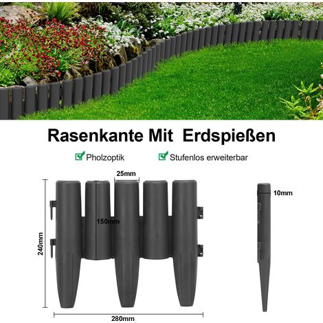 Wolketon 20 Stück Rasenkante Holzoptik Beeteinfassung Mähkante Beetumrandung Kunststoff für Garten, Wiese 5,6m Anthrazit (1/3)