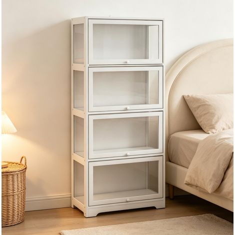 Weiße Vitrinen-Bücherregal mit 4 Fächern aus MDF und Acryl, 59 x 30 x 139 cm (1/5)