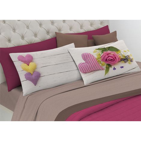 Completo Lenzuola In 100% Cotone Linea Digitale Spin-Off Disegno Rose E Cuori