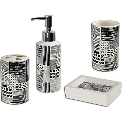 TRADE SHOP - Set Bagno Nero In Ceramica Dispenser Sapone Porta Saponetta Bicchiere Spazzolini -