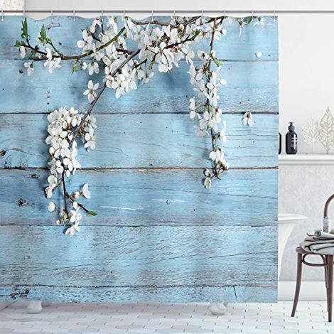 Rustique Rideau de Douche, Branches Fleurs de Printemps, Tissu Ensemble de Décor de Salle de Bain avec Crochets, 180 cm x 180 cm, Blanc Bleu pâle (1/4)