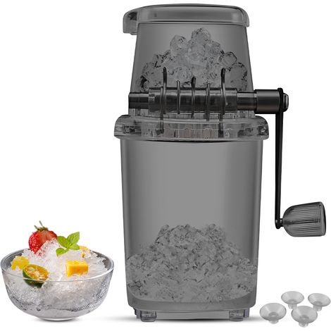 Trituradora de hielo portátil y manual con cuchillas de acero inoxidable, transparente y libre de BPA, para cócteles y platos congelados.