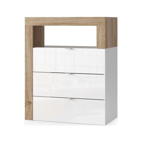Commode de salle de bains large 64cm, 3 tiroirs, collection BURA. Coloris blanc brillant laqué et chêne clair (1/2)