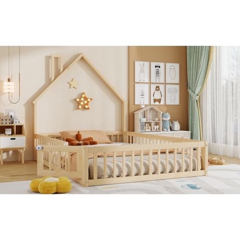 Hausbett, Kinderbett mit Schornsteinform, Bett mit Lattenrost (ohne Matratze), Kiefernholz, Minimalistischer Stil, Grau