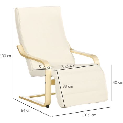 Fauteuil relax avec repose-pieds et appui-tête réglables sur 5 positions, bois de bouleau et tissu, 66,5 x 94 x 100 cm, crème (1/5)