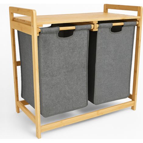 Wäschekorb aus Bambus mit 2 Fächern, Ablage, Bad-Organizer, grau  68x40x35  BEGRYF