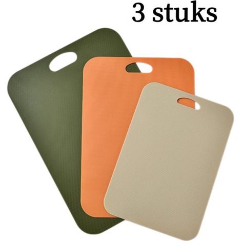 Set di 3 taglieri in plastica, suddivisi in sezioni per carne, verdura e pane, con maniglia per appenderli, antiscivolo e lavabili in lavastoviglie. (1/5)