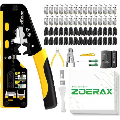 Cat7 RJ45 Crimping Tool, Cat 7 Cat6A, Network Crimping Tool Kit with Cable Tester, Multiplied Stripper, Blades, 50 Cat 7 Connectors and Anti-Pull Boots (1/5)