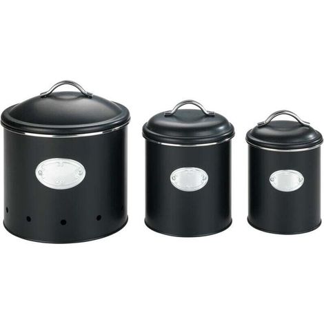 Aufbewahrungsbox aus Metall mit Deckel und dekorativem Etikett, Modell Nero, zur Aufbewahrung von Kartoffeln und Zwiebeln, 1 Liter Fassungsvermögen, Metall, Ø 11,5 x 16,5 cm, schwarz