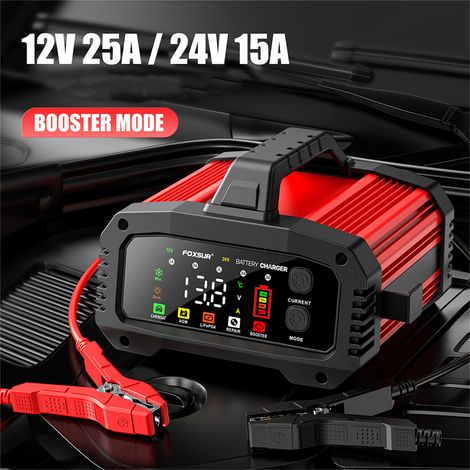 Chargeur de batterie de voiture 12 V 25 A / 24 V 15 A, chargeur de voiture intelligent, courant réglable, universel, rouge (1/5)