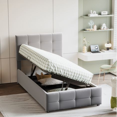 Cama con almacenamiento y cabecera regulable de terciopelo OKMYHOME (1/5)