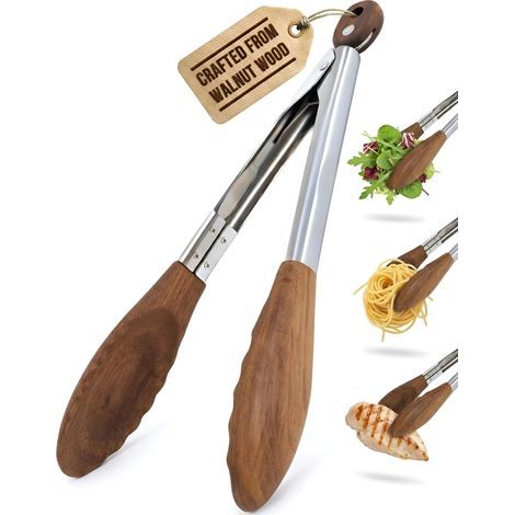 Pince Cuisine Bois de Noyer Kitchen 30 cm Pince en Bois Antiadhésive pour Cuisiner Griller et Servir Embouts Noyer Naturel Renforcée Acier Inox 315 C (1/4)