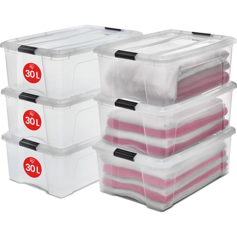 Iris Ohyama – Boîtes de rangement plastique 30L – Lot de 6 – Transparent – Poignée intégrée – Empilables pour gain de place