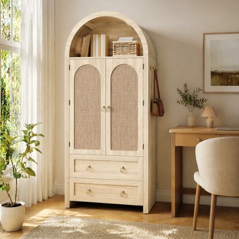 Sideboard im Korbgeflecht-Bogenstil, , Doppelschubladen, Vintage-Sideboard für Wohn- und Schlafzimmer, Aufbewahrungsschrank (1/5)