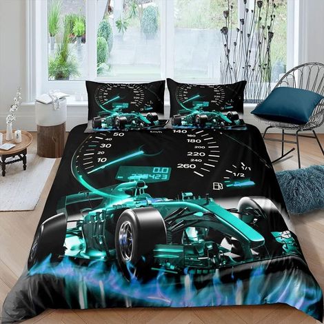 Children's Sports Car Bedding Set Duvet Cover 140 x 200 cm Boys Girls Extreme Sports Bedding Set Cool Speed Blue Green Duvet Cover (1/5)