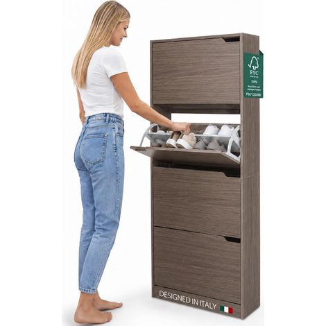 Scarpiera 4 Ante Ripiani Porta Scarpe Doppia Profondita Legno MDF 63x24x150 Noce (1/5)