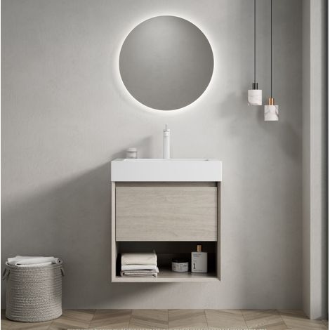 Mueble de baño con lavabo suspendido 55 cm moderno en roble claro, lavabo integrado de resina, 1 cajón y estante abierto (1/5)