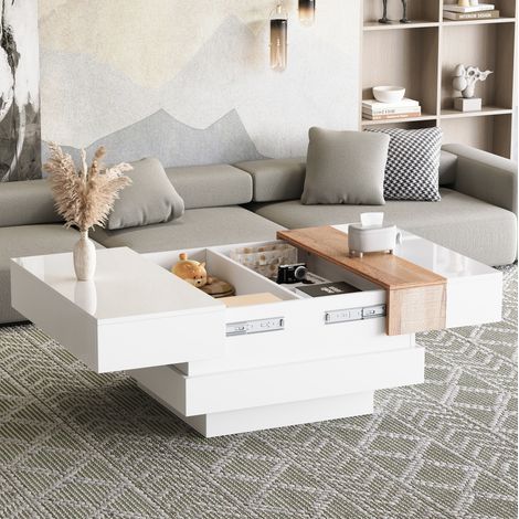 Table basse carrée extensible 70 x 70 x 39 cm avec rangement caché, blanc HAVRYA (1/5)