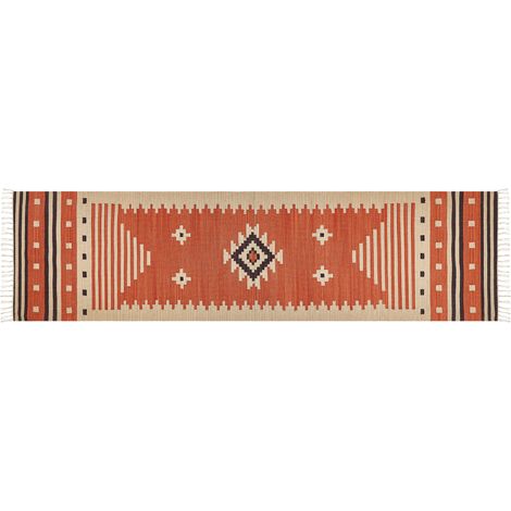 Alfombra kilim de algodón naranja beige marrón 80 x 300 cm geométrico borlas Gavar