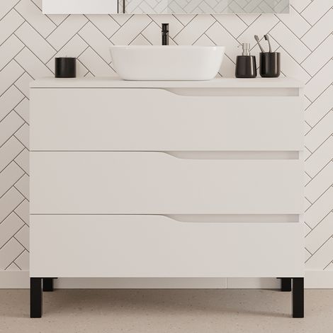 Meuble de salle de bain 100cm avec plateau et vasque à poser zeus - 3 tiroirs - sans miroir - blanc - MATA (1/4)