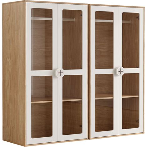 Lot de 2 armoires enfants 160 x 50 x 150 cm – 4 portes acrylique, tringles à vêtements, étagères réglables, blanc et naturel – Rangement double pour frères et sœurs (1/5)