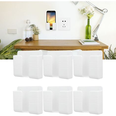 Juego de 6 soportes de pared para teléfonos móviles, soporte adhesivo universal para cargadores de teléfonos móviles, ABS blanco. (1/5)