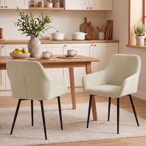 Lot de 2 chaises de salle à manger, chaises de cuisine rembourrées en velours côtelé avec accoudoirs et dossier, crème (1/5)