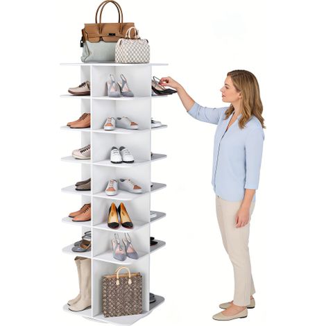 Drehbares Schuhregal 184 x 60 x 60 cm, 7-stöckiger Schuhregal Turm weiß, freistehender Schuhorganizer 360° für bis zu 28 Paar Schuhe