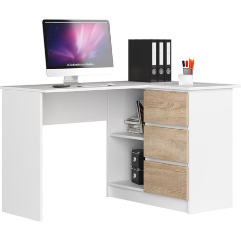 Scrivania angolare AKORD B16 Bianco 124 cm 3 cassetti inserto frontale Sonoma Quercia 124x85x77 cm Modello a destra (1/5)