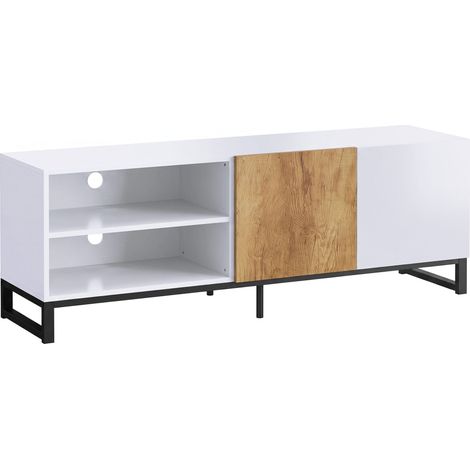 Mobile Porta TV fino a 55 Pollici 140x36,5x50 cm con Ripiani Regolabili e Armadietto in Legno Bianco (1/5)