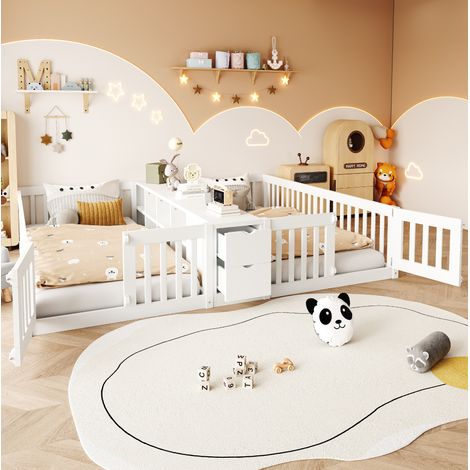 Cama infantil de madera (219.6x204x33.5 cm), para 2 camas, con estantes y cajones, blanca (1/5)