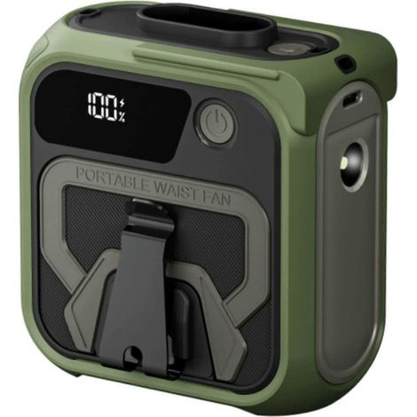 Ventilateur portable à clip ceinture amélioré 2025, batterie haute capacité 10 000 mAh, 5 vitesses de ventilation, lampe torche intégrée, vert militaire. (1/5)