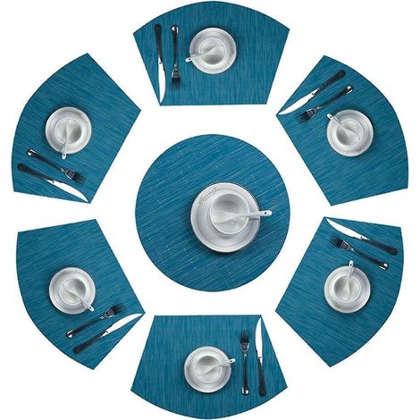 Lot de 7 sets de table ronds PVC antidérapants, résistants à la chaleur, lavables, bleu (1/3)