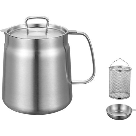 Barattolo filtro olio in acciaio inox 304, per cucina e casa, con cestello e filtro, grande capacità 2,0 litri, adatto per cucina, frittura e cottura. (1/5)